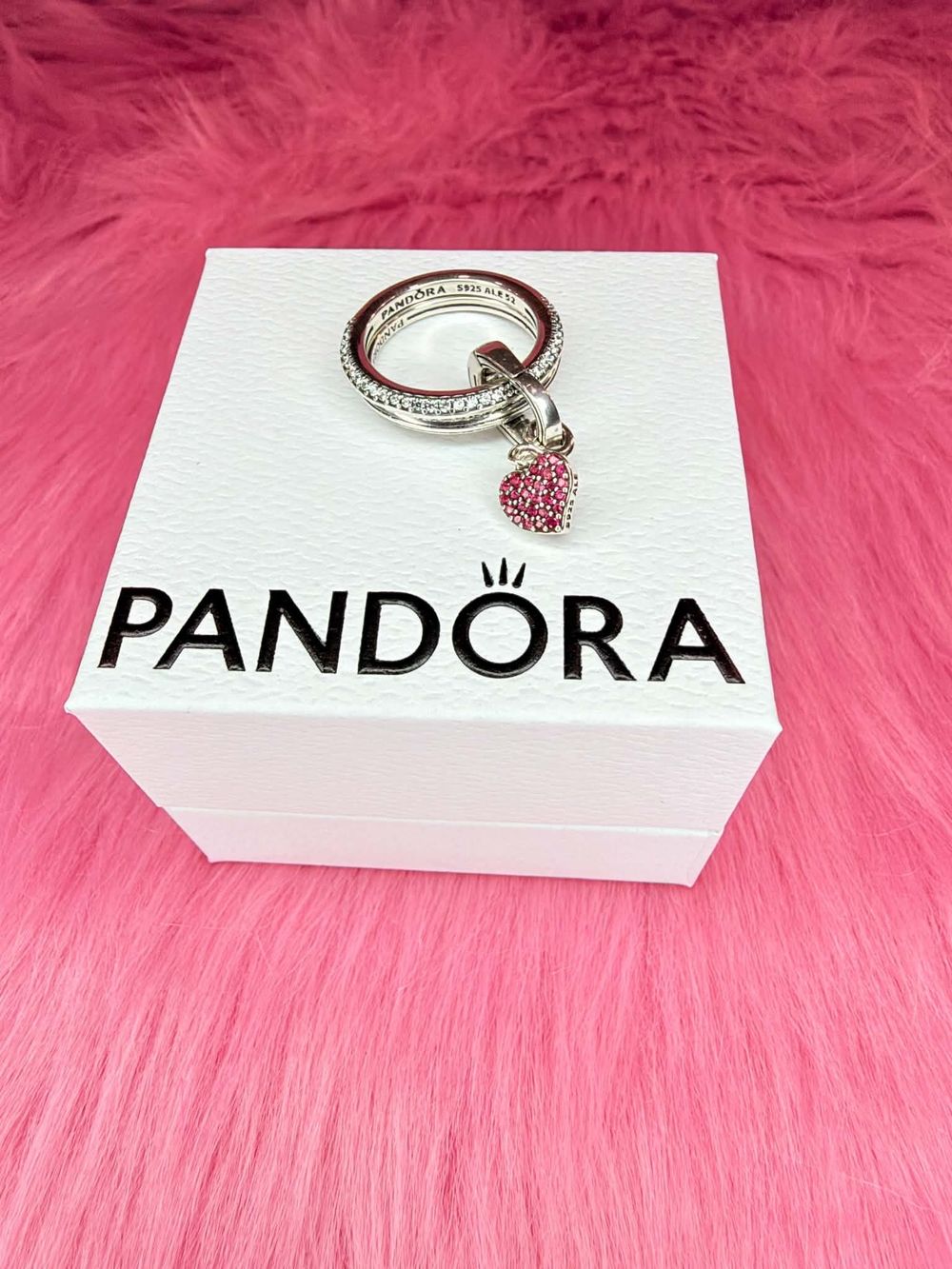 Pandora Silver Ring with Pink Pave Heart Charm